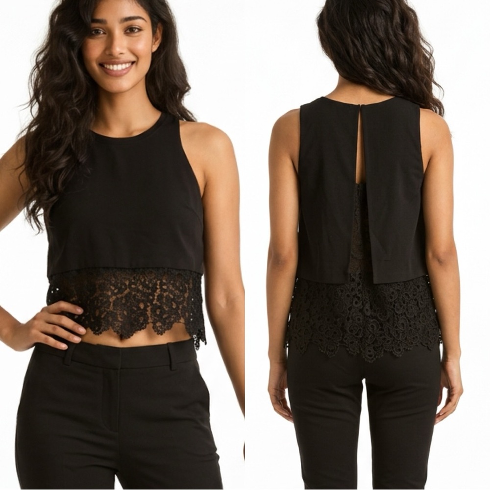 Elegant Black Lace Hem Women's Top